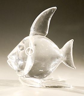 Large Steuben glass "Tropical Fish", designed by Lloyd Atkins, signed underside: Steuben.  ht. 8 1/2 in.  Condition: very good c...