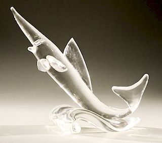 Steuben glass sculpture, "Game Fish" jumping out of water, signed Steuben, circa 1966. with red leather fitted box.  ht. 9 3/4 in....