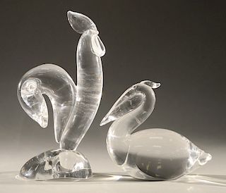 Two large glass Steuben animal figures including rooster crystal sculpture, #8074 introduced 1955; and a glass pelican; both signed...