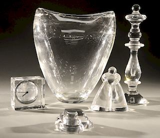 Five piece Steuben group to include a clock, triple heart, double hugging figure, tall candlestick, and a large vase, all signed: St...