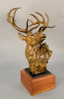 Sherry Salari Sander (b. 1941),  Elk Bust,  signed, numbered, and dated on base of bronze 27/35 1989,  Trailside Galleries lab...
