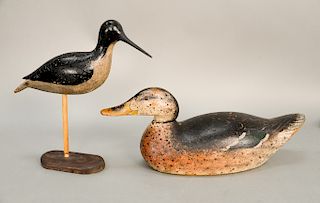 Two decoys including one duck decoy with glass eyes and a shorebird decoy, both in old paint (shorebird bill replaced).  duck: ht....