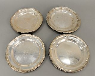 Group of nine silver plates to include seven sterling silver plates plus two German silver matching plates.  dia. 9 1/4 in.,  13...