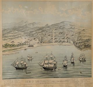 "View of San Francisco, Formerly yerba Buena, in 1846-7, Before the Discovery of Gold", San Francisco Bay, colored birds eye view li...