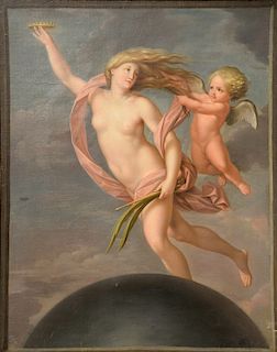 European School 19th century,  oil on canvas,  Classical nude female with crown in right hand with putti in sky,  24" x 19"
