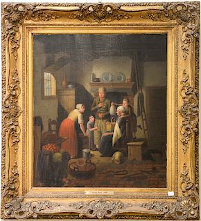 Kitchen Interior scene with family,  oil on panel,  19th century,  plaque marked: Georg Wust 1886,  21" x 18"