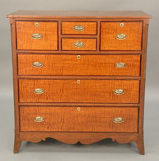 Federal chest with tiger maple drawer fronts and twisted columns, circa 1800.  ht. 49 1/2 in., wd. 45 1/2 in.
