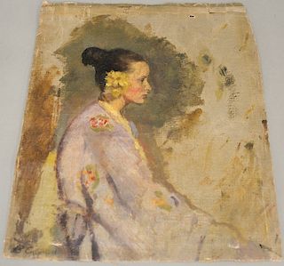 Valentin Alexandrovich Serov (1865-1911),  oil on canvas,  Portrait of a Young Woman with Yellow Flower,  initialed lower left...