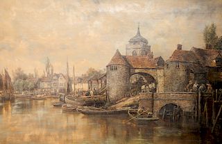 European School  Town on Water's Edge with Boats,  unsigned,  in original Victorian gilt frame (as is),  20" x 30"