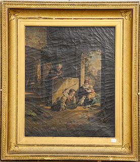 19th Century Continental,  oil on canvas,  Children Playing with Kittens,  unsigned,  old paper label on back of stretcher a...