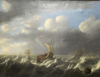 Seascape,  oil on canvas,  early 20th century copy of 17th century Dutch skift in stormy seas,  unsigned,  21" x 26 1/2"