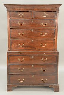 George III mahogany chest on chest in two parts with pull out slide in base, 18th century.  ht. 72 in., wd. 42 in.
