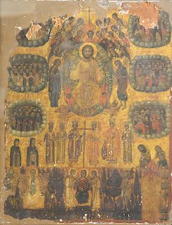 Monumental Russian icon of Diesis with Saints, 18th century or earlier, in shadow box frame (repaired).  board size: 21 1/2" x 16...