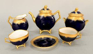 Mansard six piece porcelain tea set, royal blue ground with gilt border marked: Mansard Taradin Paris.  teapot: ht. 6 1/4 in.  P...