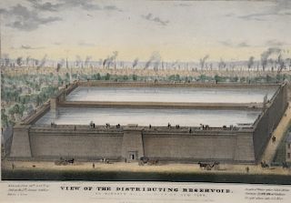 N. Currier,  hand colored lithograph,  "View of the Distributing Reservoir on Murrays Hill - City of New York",  published by...