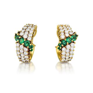 A Fine Pair of Emerald and Diamond Earclips