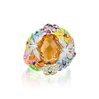 A Citrine Diamond and Multi-Colored Gemstone Enamel Ring