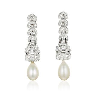 A Pair of Platinum Diamond and Cultured Pearl Drop Earrings
