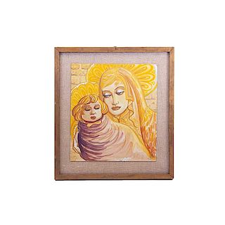 Ramón Valdiosera. Virgen con niño. Gouache sobre papel. Firmada y fechada 87. Enmarcada. 37 x 33 cm
