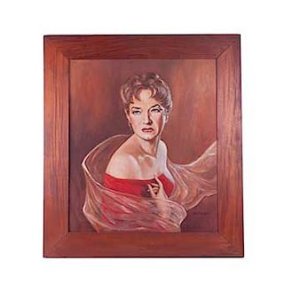 José G. Cruz. México, siglo XX. Retrato de dama en rojo con velo. Óleo sobre tela. Firmado. Enmarcado.