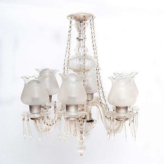 Lámpara de techo. Siglo XX.Estructura de metal con aplicaciones de vidrio. Para 5 luces.Fuste compuesto, decorada con hilos de cristal.