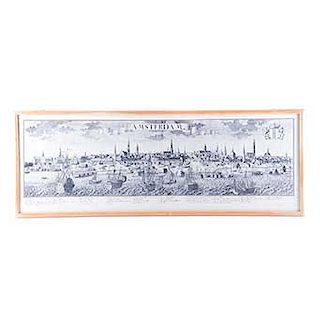 Vista panorámica de Ámsterdam con indicaciones de lugares Siglo XX. Estampa sobre papel algodón. Firmado. Enmarcado.