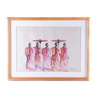 Firmado Than Aung. Monjes budistas. Siglo XX. Acuarela sobre papel algodón. Enmarcado.