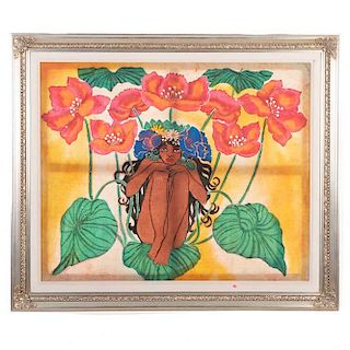Anónimo. Mujer con flores. Óleo sobre tela. Enmarcado en madera plateada.