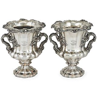 PAIR OF ARMORIAL SILVER PLATE ICE BUCKETS