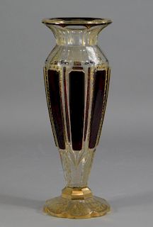 19C. Bohemian Moser Faceted Ruby Gilt Glass Vase