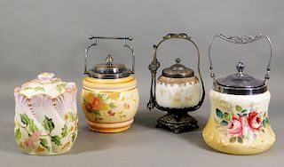 4 Victorian Pottery Porcelain & Glass Biscuit Jars