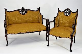 FINE 2PC Victorian Carved Mahogany Parlor Set