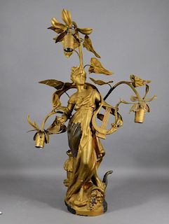 19C. French Spelter Figural Nymph Newel Post Lamp