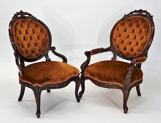 PR Victorian Walnut Rose Carved Parlor Chairs