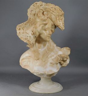 19C Italian Carved Alabaster Bust of Young Maiden