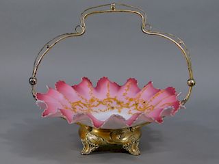19C Victorian Art Nouveau Peach Blow Brides Basket