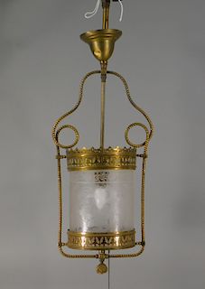 19C. American Victorian Etched Glass Brass Light