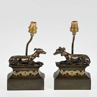 Pair small bronze whippet chenets mounted as lamps