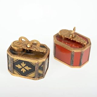 (2) Louis XV gilt mounted lacquer traveling inkwells