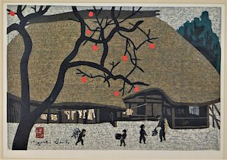 Kiyoshi Saito Winter Persimmon Tree Woodblock