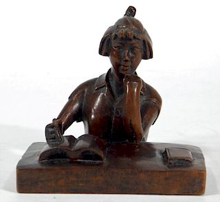 FINE Japanese Carved Wood Scholars Item of Woman