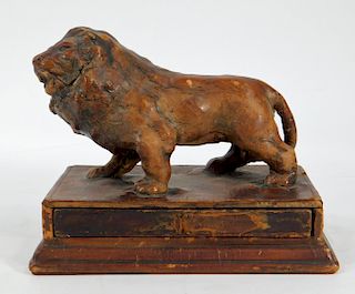 English Bench Made Tooled Leather Figural Lion Box