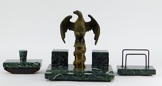 French Empire Bronze Eagle Green Marble Desk Set