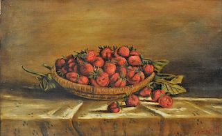 19C Primitive Still Life Painting of Strawberries
