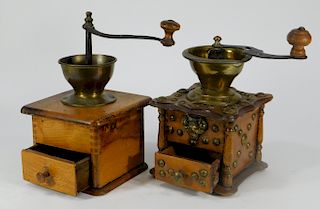 2PC Wood & Brass Table Top Coffee Mill Grinders