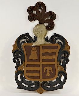 Continental Carved Painted Wood Coat Of Arms Panel