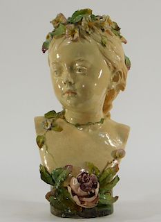 Continental Majolica Glazed Pottery Bust of Woman