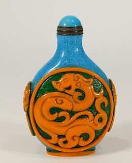 Chinese Blue & Orange Peking Glass Snuff Bottle