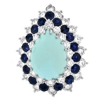 Diamond, Sapphire, Turquoise Pendant Brooch