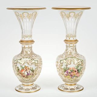 Nice pair Bohemian cut, enameled cased glass vases